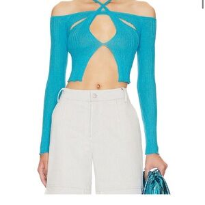 superdown Turquoise Ribbed Cutout Crop Top with Long Sleeves
